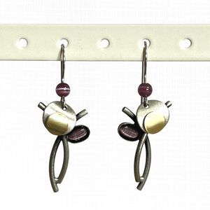 Christophe Poly Dangle Earrings Purple Glass Stone Wire Hook Geometric Modernist